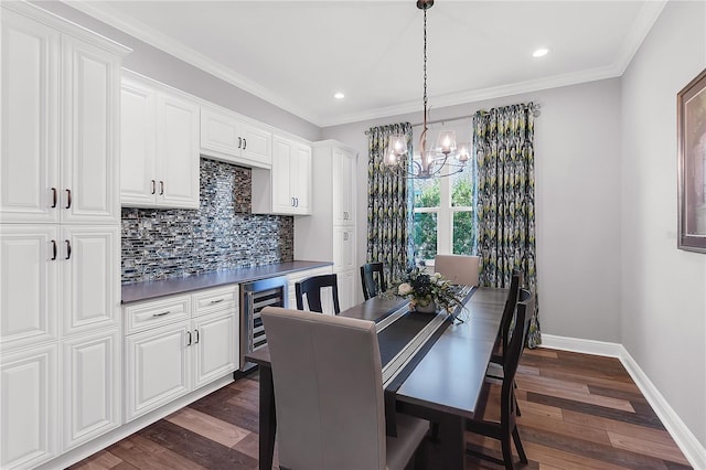 4625 Foxtail Dr, Parrish, FL 34219 - dining space featuring a chandelier, beverage cooler, baseboards, dark wood-style floors, and recessed lighting