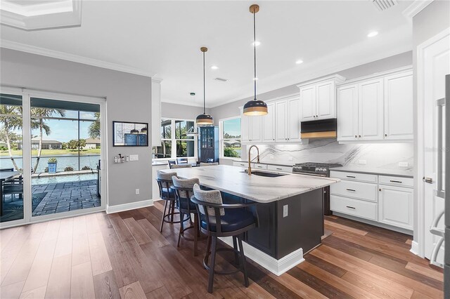 4625 Foxtail Dr, Parrish, FL 34219 - kitchen featuring a sink, crown molding, recessed lighting, tasteful backsplash, and white cabinetry