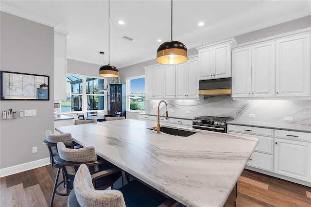 4625 Foxtail Dr, Parrish, FL 34219 - kitchen with a sink, gas stove, light stone countertops, backsplash, and ornamental molding