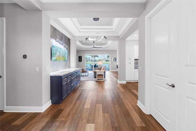 4625 Foxtail Dr, Parrish, FL 34219 - hallway featuring hardwood / wood-style floors, baseboards, a raised ceiling, and ornamental molding