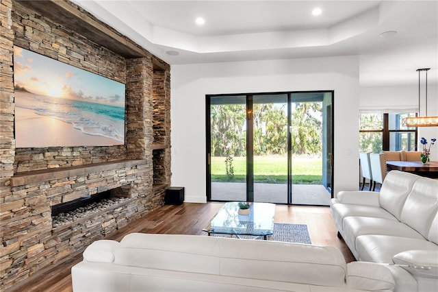 4308 Fly Rod Ter, Parrish, FL 34219 - living room featuring a raised ceiling, a fireplace, recessed lighting, and wood finished floors