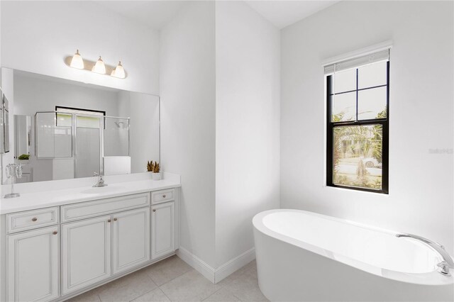 4308 Fly Rod Ter, Parrish, FL 34219 - full bathroom featuring vanity, baseboards, an enclosed shower, tile patterned floors, and a freestanding bath