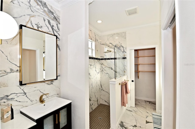 17817 Woodland Ct, Punta Gorda, FL 33982 - bathroom featuring marble tiled floors, crown molding, vanity, a marble finish shower, and a wall unit AC