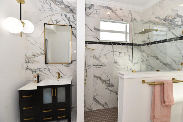 17817 Woodland Ct, Punta Gorda, FL 33982 - bathroom featuring vanity, a marble finish shower, and ornamental molding