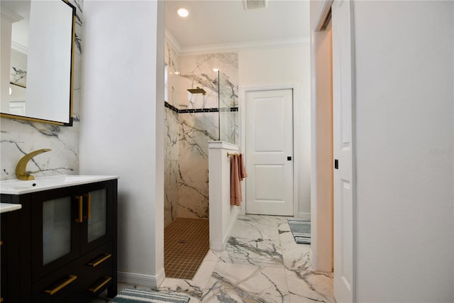 17817 Woodland Ct, Punta Gorda, FL 33982 - full bath with marble finish floors, a marble finish shower, vanity, crown molding, and recessed lighting