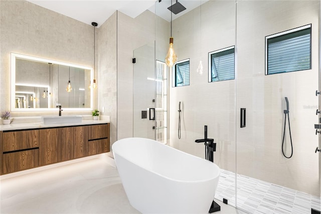 full bathroom featuring vanity, a freestanding tub, and a shower stall