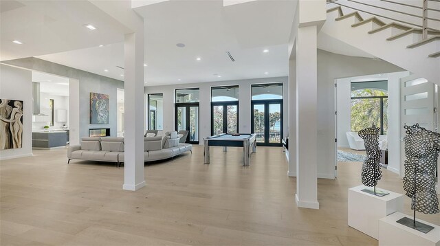 1540 Hillview Dr, Sarasota, FL 34239 - interior space featuring french doors, pool table, light wood finished floors, and recessed lighting