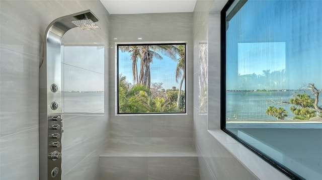 1540 Hillview Dr, Sarasota, FL 34239 - bathroom featuring tiled shower and a healthy amount of sunlight