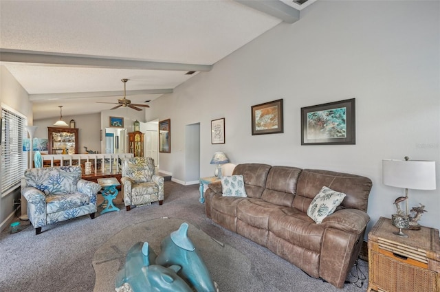 carpeted living room with vaulted ceiling with beams, visible vents, baseboards, and a ceiling fan