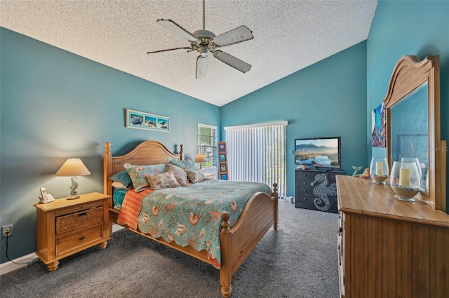 bedroom featuring carpet flooring, a ceiling fan, vaulted ceiling, and a textured ceiling