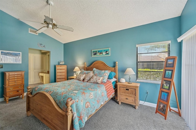 bedroom with lofted ceiling, carpet, a textured ceiling, ceiling fan, and visible vents