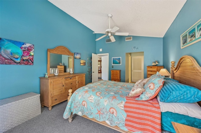 bedroom with vaulted ceiling, carpet flooring, a ceiling fan, a textured ceiling, and visible vents
