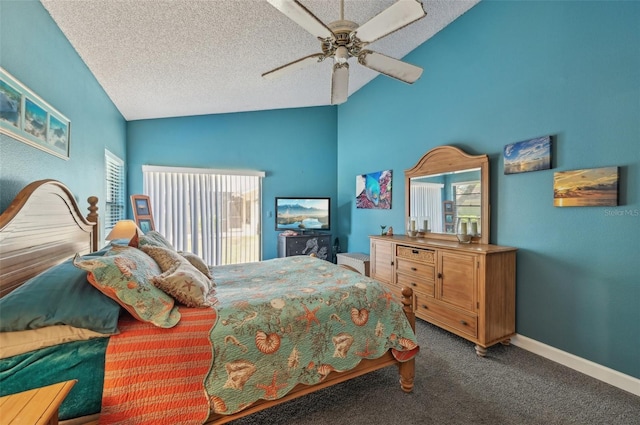 bedroom featuring carpet floors, a textured ceiling, lofted ceiling, baseboards, and ceiling fan