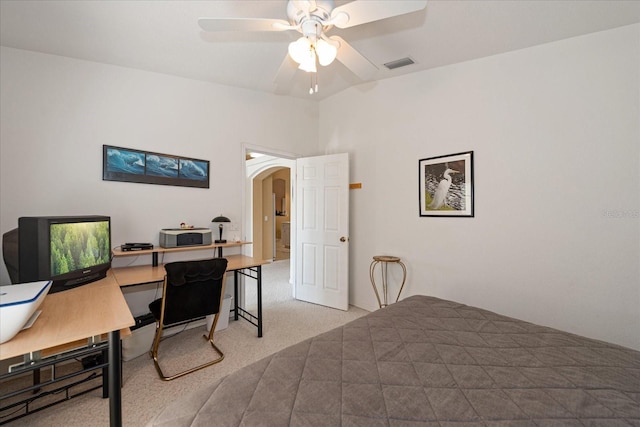 4219 Eastlake Ct, Port Charlotte, FL 33948 - bedroom featuring visible vents, arched walkways, ceiling fan, carpet floors, and vaulted ceiling