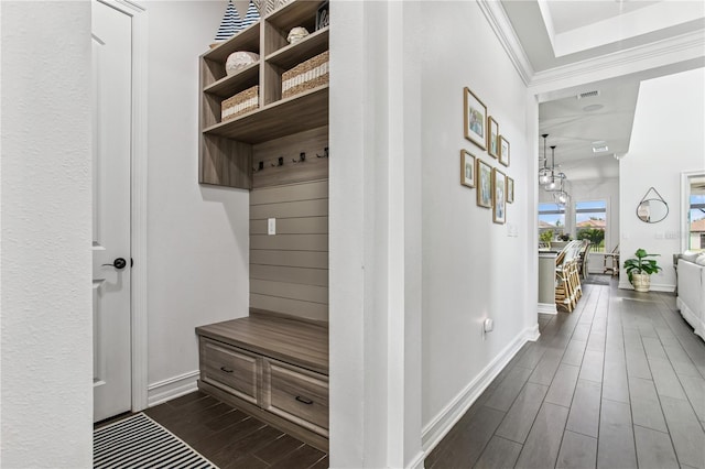 13721 Saw Palm Creek Trl, Lakewood Ranch, FL 34211 - mudroom with wood finish floors, ornamental molding, baseboards, and visible vents