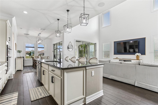 13721 Saw Palm Creek Trl, Lakewood Ranch, FL 34211 - kitchen featuring a kitchen island with sink, stainless steel appliances, dark wood-type flooring, a sink, and decorative light fixtures