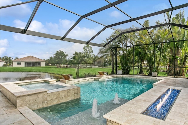 13721 Saw Palm Creek Trl, Lakewood Ranch, FL 34211 - outdoor pool featuring an outdoor fire pit, an in ground hot tub, a lanai, and a yard