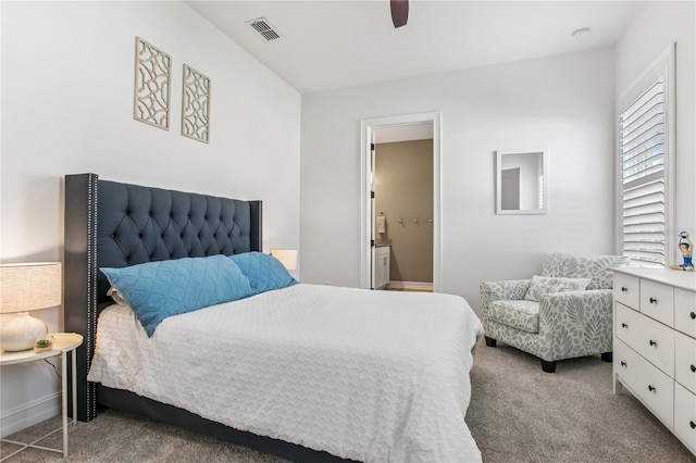 13721 Saw Palm Creek Trl, Lakewood Ranch, FL 34211 - carpeted bedroom with a ceiling fan, connected bathroom, and visible vents
