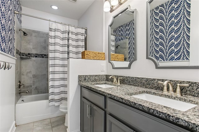 13721 Saw Palm Creek Trl, Lakewood Ranch, FL 34211 - full bathroom with double vanity, a sink, toilet, and shower / bath combo with shower curtain