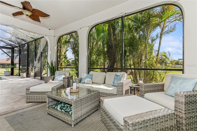 13721 Saw Palm Creek Trl, Lakewood Ranch, FL 34211 - sunroom with an outdoor hangout area and a ceiling fan