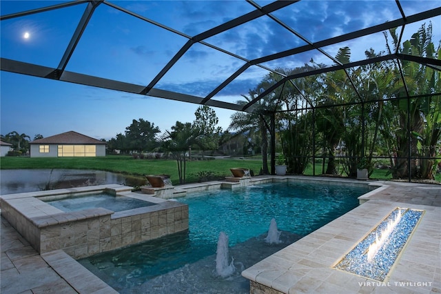 13721 Saw Palm Creek Trl, Lakewood Ranch, FL 34211 - outdoor pool featuring glass enclosure, a patio, a yard, and an in ground hot tub