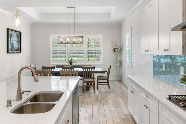 kitchen featuring pendant lighting, light wood-style flooring, a sink, a raised ceiling, and stainless steel appliances
