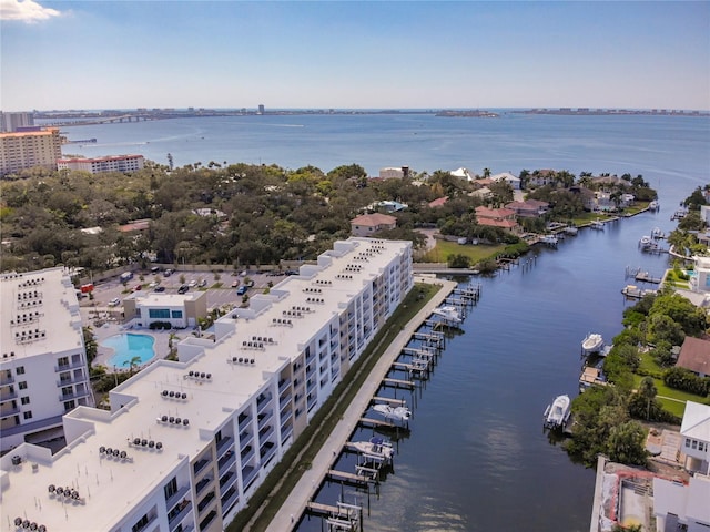 drone / aerial view featuring a water view