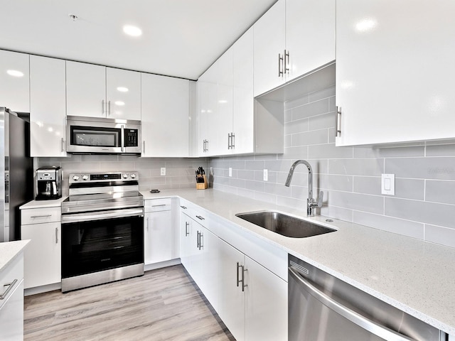 kitchen featuring backsplash, white cabinetry, stainless steel appliances, and a sink