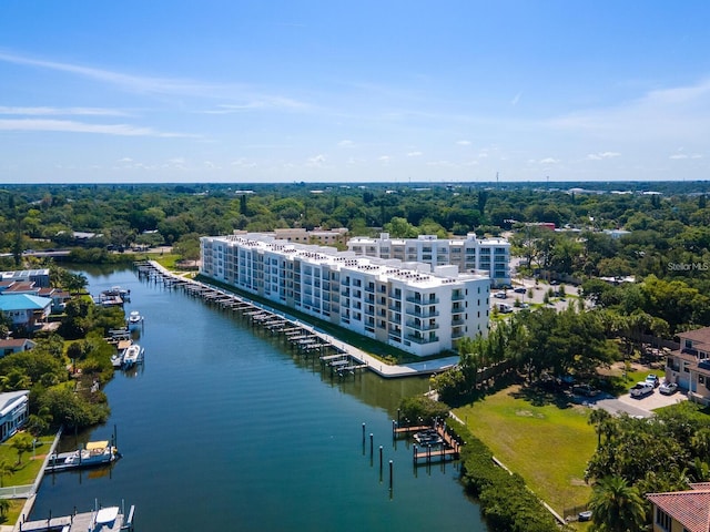 bird's eye view with a water view