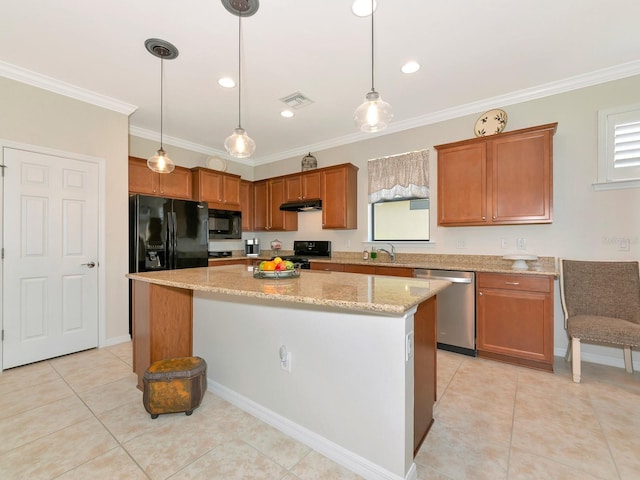 5952 Snowy Egret Dr, Sarasota, FL 34238 - kitchen with crown molding, visible vents, black appliances, under cabinet range hood, and light tile patterned flooring