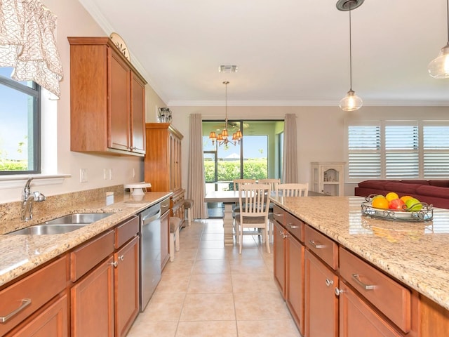 5952 Snowy Egret Dr, Sarasota, FL 34238 - kitchen featuring visible vents, a sink, a chandelier, crown molding, and stainless steel dishwasher