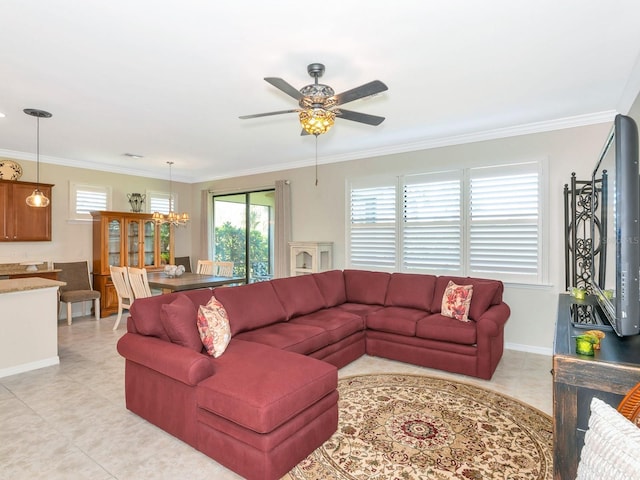 5952 Snowy Egret Dr, Sarasota, FL 34238 - living room featuring ceiling fan with notable chandelier, light tile patterned floors, baseboards, and ornamental molding