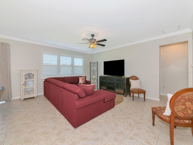 5952 Snowy Egret Dr, Sarasota, FL 34238 - living area featuring crown molding, light tile patterned floors, baseboards, and a ceiling fan