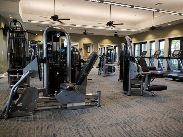 5952 Snowy Egret Dr, Sarasota, FL 34238 - workout area featuring a raised ceiling, ceiling fan, carpet flooring, and ornamental molding