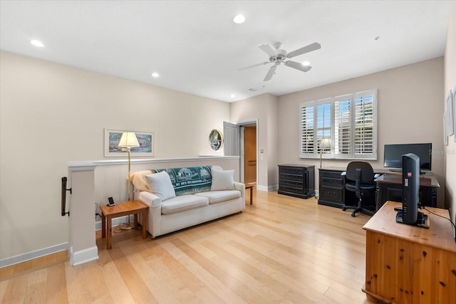 office featuring recessed lighting, light wood-style floors, baseboards, and ceiling fan