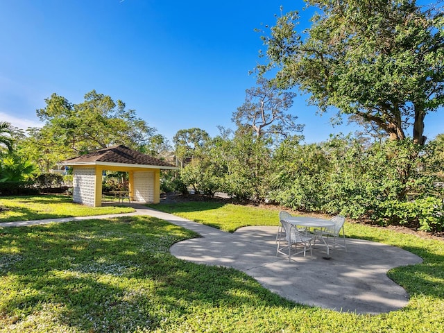 view of yard with a patio and an outdoor structure