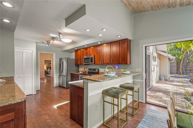 kitchen with a sink, dark wood finished floors, appliances with stainless steel finishes, and light stone countertops