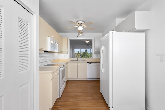 4570 Pinebrook Cir Unit 406, Bradenton, FL 34209 - kitchen with a ceiling fan, white appliances, light countertops, a sink, and light wood finished floors