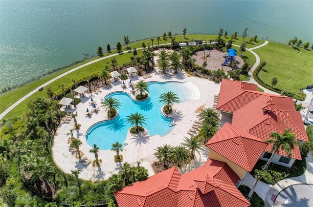 drone / aerial view featuring a water view