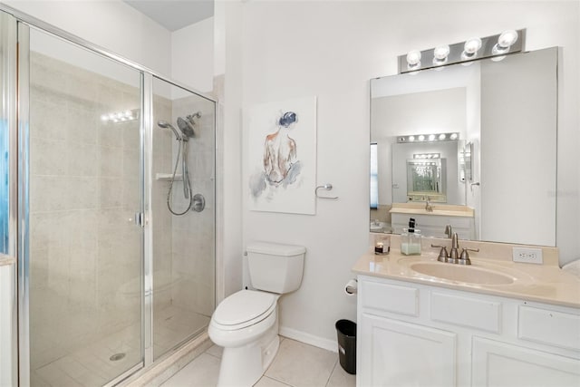 bathroom with vanity, tile patterned floors, a shower stall, and toilet