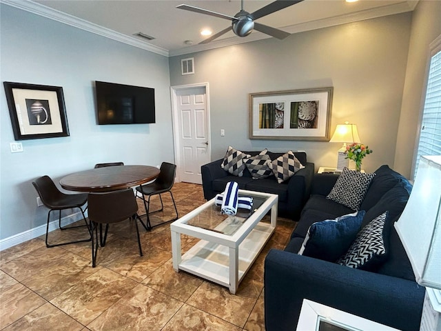 1020 Sun N Sea Dr Unit 104B, Sarasota, FL 34242 - living room featuring visible vents, ornamental molding, ceiling fan, and recessed lighting