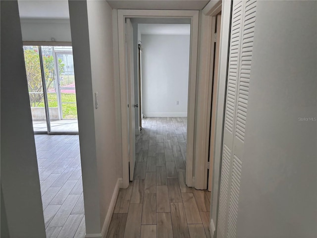 corridor with baseboards and wood finish floors