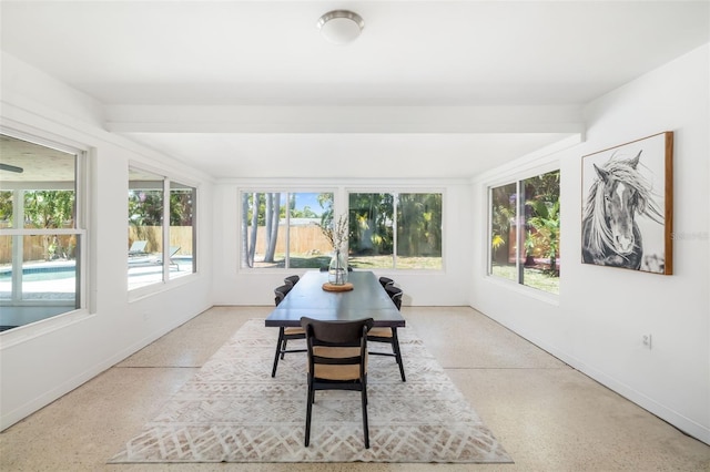 sunroom / solarium featuring baseboards, a healthy amount of sunlight, and speckled floor