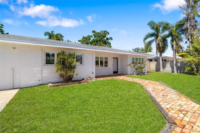 single story home featuring fence, a front lawn, and brick siding