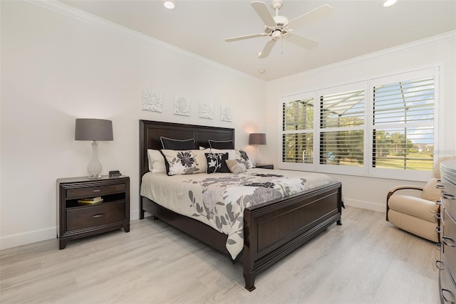 2705 Taheebo Way, North Port, FL 34289 - bedroom with baseboards, light wood finished floors, ornamental molding, recessed lighting, and a ceiling fan
