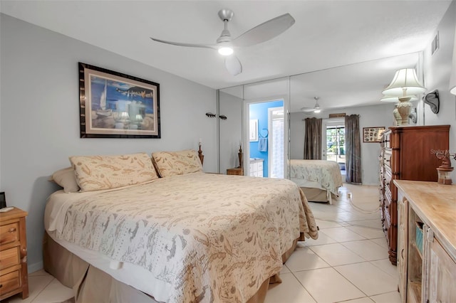 9011 Hilolo Ln, Venice, FL 34293 - bedroom featuring light tile patterned floors, ceiling fan, and visible vents