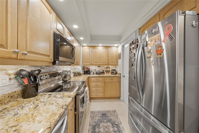 kitchen featuring backsplash, ornamental molding, appliances with stainless steel finishes, and light brown cabinetry
