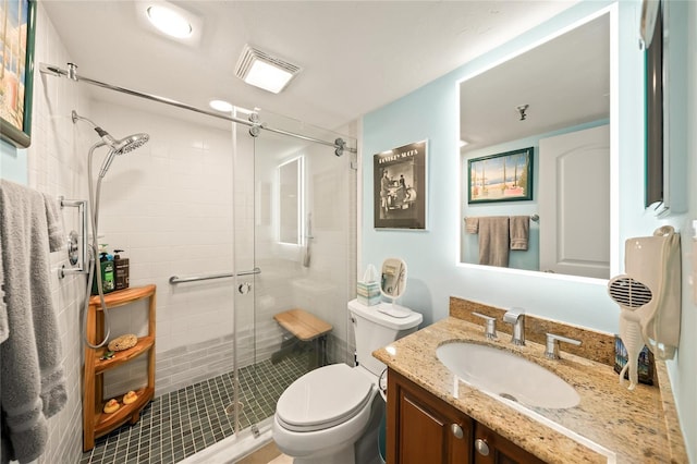 full bathroom with a shower stall, visible vents, toilet, and vanity