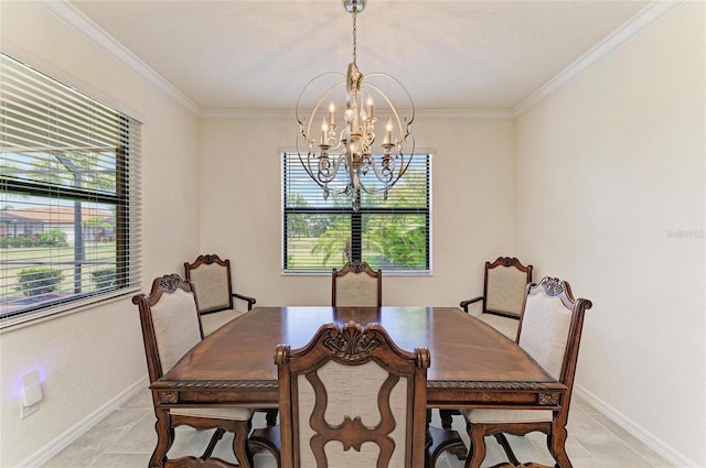 dining space featuring baseboards, a notable chandelier, crown molding, and light tile patterned floors