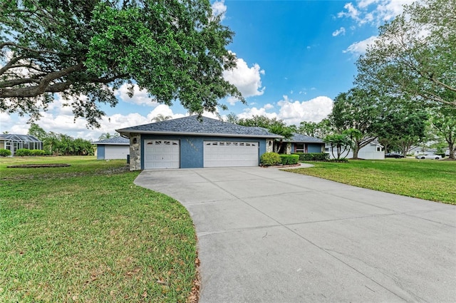 single story home with an attached garage, concrete driveway, stucco siding, and a front yard